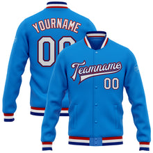 Load image into Gallery viewer, Custom Powder Blue White Royal-Red Bomber Full-Snap Varsity Letterman Jacket