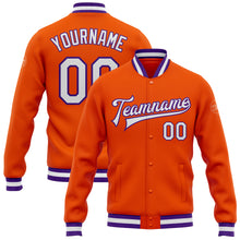 Load image into Gallery viewer, Custom Orange White-Purple Bomber Full-Snap Varsity Letterman Jacket