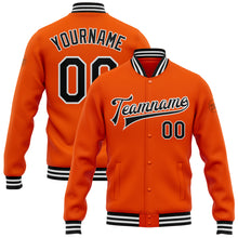 Load image into Gallery viewer, Custom Orange Black-White Bomber Full-Snap Varsity Letterman Jacket