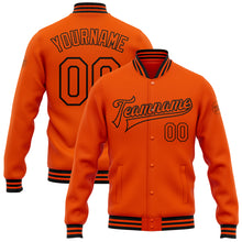 Load image into Gallery viewer, Custom Orange Black Bomber Full-Snap Varsity Letterman Jacket