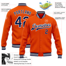 Load image into Gallery viewer, Custom Orange Navy-White Bomber Full-Snap Varsity Letterman Jacket
