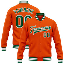 Load image into Gallery viewer, Custom Orange Kelly Green-White Bomber Full-Snap Varsity Letterman Jacket