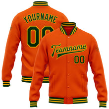 Load image into Gallery viewer, Custom Orange Green-Gold Bomber Full-Snap Varsity Letterman Jacket