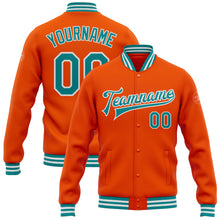 Load image into Gallery viewer, Custom Orange Teal-White Bomber Full-Snap Varsity Letterman Jacket
