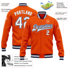 Load image into Gallery viewer, Custom Orange White Navy-Gray Bomber Full-Snap Varsity Letterman Jacket