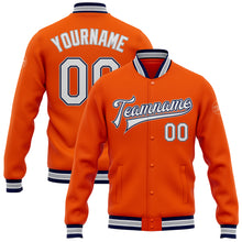 Load image into Gallery viewer, Custom Orange White Navy-Gray Bomber Full-Snap Varsity Letterman Jacket