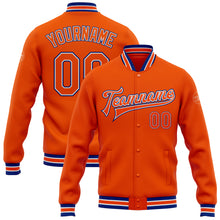 Load image into Gallery viewer, Custom Orange White-Royal Bomber Full-Snap Varsity Letterman Jacket