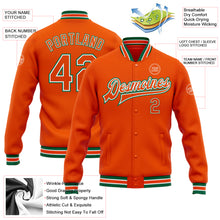 Load image into Gallery viewer, Custom Orange White-Kelly Green Bomber Full-Snap Varsity Letterman Jacket