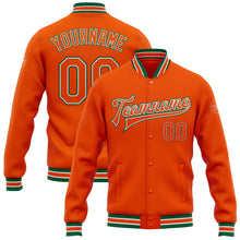 Load image into Gallery viewer, Custom Orange White-Kelly Green Bomber Full-Snap Varsity Letterman Jacket