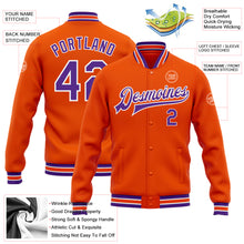 Load image into Gallery viewer, Custom Orange Purple-White Bomber Full-Snap Varsity Letterman Jacket