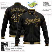 Load image into Gallery viewer, Custom Black Old Gold Pinstripe Old Gold Bomber Full-Snap Varsity Letterman Jacket