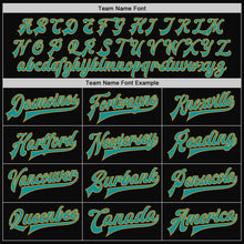Load image into Gallery viewer, Custom Black Old Gold Pinstripe Teal Bomber Full-Snap Varsity Letterman Jacket