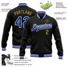 Load image into Gallery viewer, Custom Black Old Gold Pinstripe Royal-White Bomber Full-Snap Varsity Letterman Jacket