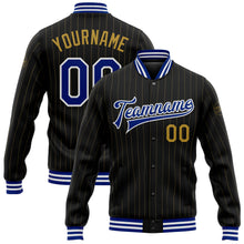 Load image into Gallery viewer, Custom Black Old Gold Pinstripe Royal-White Bomber Full-Snap Varsity Letterman Jacket