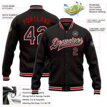Load image into Gallery viewer, Custom Black Red Pinstripe White Bomber Full-Snap Varsity Letterman Jacket