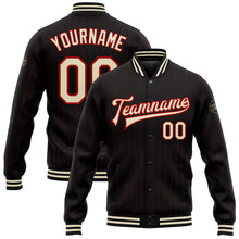 Load image into Gallery viewer, Custom Black Red Pinstripe Cream Bomber Full-Snap Varsity Letterman Jacket