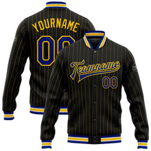 Load image into Gallery viewer, Custom Black Yellow Pinstripe Royal-White Bomber Full-Snap Varsity Letterman Jacket