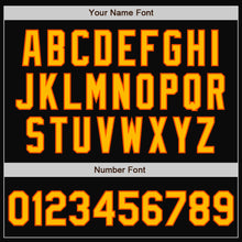 Load image into Gallery viewer, Custom Black Orange Pinstripe Gold Bomber Full-Snap Varsity Letterman Jacket