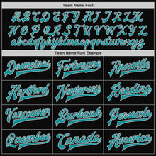 Load image into Gallery viewer, Custom Black Gray Pinstripe Teal Bomber Full-Snap Varsity Letterman Jacket