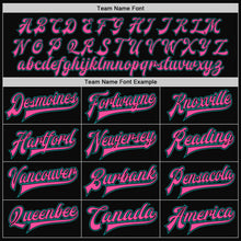 Load image into Gallery viewer, Custom Black Pink Pinstripe Teal Bomber Full-Snap Varsity Letterman Jacket
