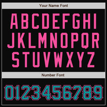 Load image into Gallery viewer, Custom Black Pink Pinstripe Teal Bomber Full-Snap Varsity Letterman Jacket