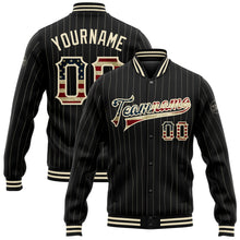 Load image into Gallery viewer, Custom Black Cream Pinstripe Vintage USA Flag Bomber Full-Snap Varsity Letterman Jacket