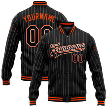 Load image into Gallery viewer, Custom Black White Pinstripe Orange Bomber Full-Snap Varsity Letterman Jacket