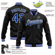 Load image into Gallery viewer, Custom Black White Pinstripe Royal Bomber Full-Snap Varsity Letterman Jacket