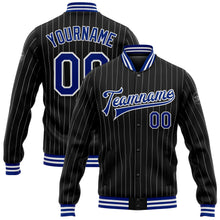 Load image into Gallery viewer, Custom Black White Pinstripe Royal Bomber Full-Snap Varsity Letterman Jacket