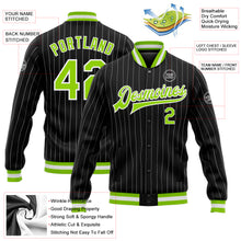 Load image into Gallery viewer, Custom Black White Pinstripe Neon Green Bomber Full-Snap Varsity Letterman Jacket