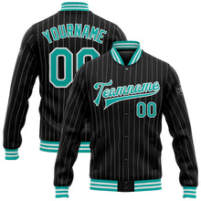 Load image into Gallery viewer, Custom Black White Pinstripe Aqua Bomber Full-Snap Varsity Letterman Jacket