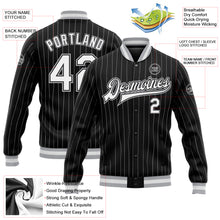 Load image into Gallery viewer, Custom Black White Pinstripe Gray Bomber Full-Snap Varsity Letterman Jacket