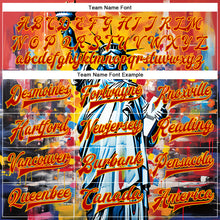 Load image into Gallery viewer, Custom Gold Red Statue of Liberty Independence Day 3D Pattern Design Bomber Full-Snap Varsity Letterman Jacket