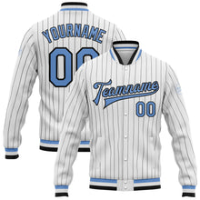 Load image into Gallery viewer, Custom White Black Pinstripe Light Blue Bomber Full-Snap Varsity Letterman Jacket