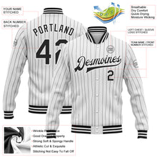 Load image into Gallery viewer, Custom White Black Pinstripe Black Bomber Full-Snap Varsity Letterman Jacket