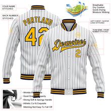Load image into Gallery viewer, Custom White Navy Pinstripe Gold Bomber Full-Snap Varsity Letterman Jacket