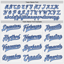 Load image into Gallery viewer, Custom White Navy Pinstripe Light Blue Bomber Full-Snap Varsity Letterman Jacket