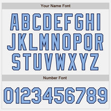 Load image into Gallery viewer, Custom White Navy Pinstripe Light Blue Bomber Full-Snap Varsity Letterman Jacket