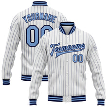 Load image into Gallery viewer, Custom White Navy Pinstripe Light Blue Bomber Full-Snap Varsity Letterman Jacket