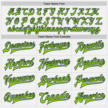 Load image into Gallery viewer, Custom White Navy Pinstripe Neon Green Bomber Full-Snap Varsity Letterman Jacket