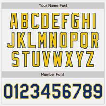 Load image into Gallery viewer, Custom White Royal Pinstripe Yellow Bomber Full-Snap Varsity Letterman Jacket