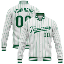 Load image into Gallery viewer, Custom White Kelly Green Pinstripe Kelly Green Bomber Full-Snap Varsity Letterman Jacket