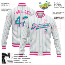 Load image into Gallery viewer, Custom White Teal Pinstripe Pink Bomber Full-Snap Varsity Letterman Jacket
