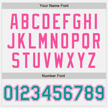 Load image into Gallery viewer, Custom White Teal Pinstripe Pink Bomber Full-Snap Varsity Letterman Jacket