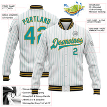Load image into Gallery viewer, Custom White Teal Pinstripe Old Gold-Black Bomber Full-Snap Varsity Letterman Jacket