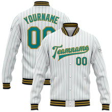 Load image into Gallery viewer, Custom White Teal Pinstripe Old Gold-Black Bomber Full-Snap Varsity Letterman Jacket