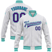 Load image into Gallery viewer, Custom White Purple Pinstripe Aqua Bomber Full-Snap Varsity Letterman Jacket