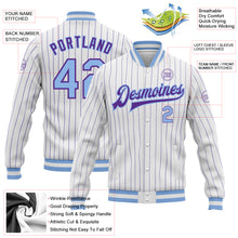 Load image into Gallery viewer, Custom White Purple Pinstripe Light Blue Bomber Full-Snap Varsity Letterman Jacket