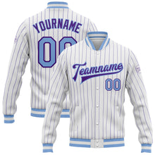 Load image into Gallery viewer, Custom White Purple Pinstripe Light Blue Bomber Full-Snap Varsity Letterman Jacket