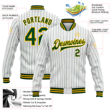 Load image into Gallery viewer, Custom White Green Pinstripe Gold Bomber Full-Snap Varsity Letterman Jacket